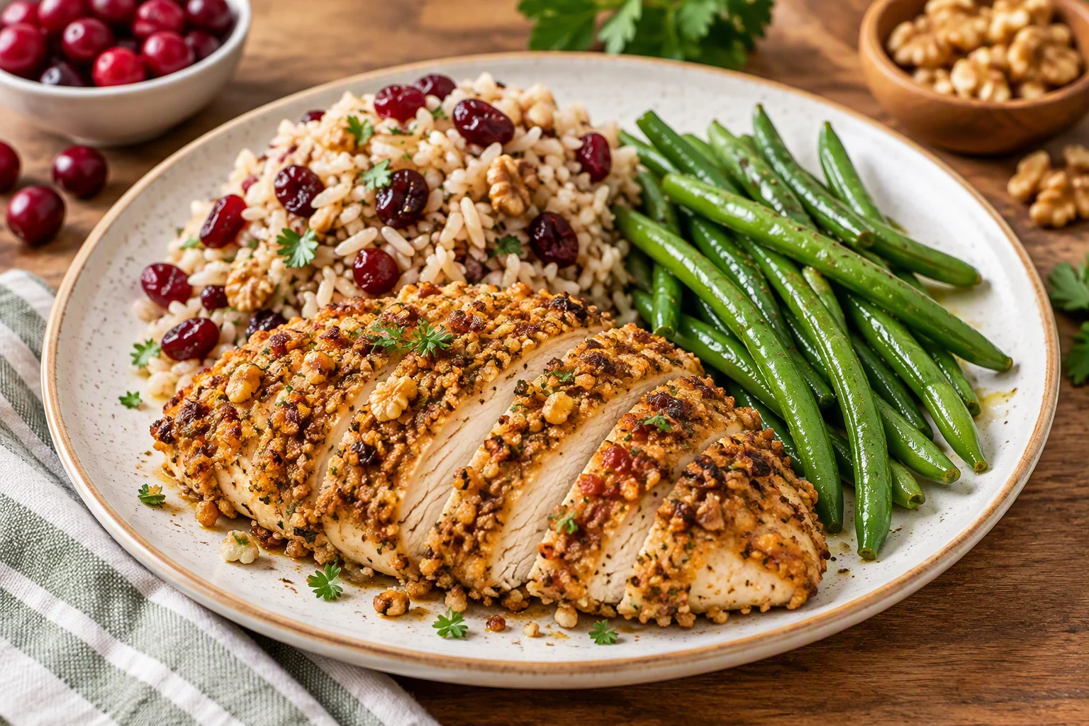 Walnut-Crusted Chicken with Cranberry Rice Pilaf & Fresh Green Beans